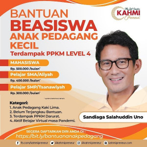 Sandiaga Uno Gandeng Kahmipreuneur Bantu Anak Pedagang Kecil Terdampak PPKM