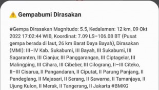 Gempa Bumi Magnitudo 5,5 di Bayah Terasa Cukup Keras di Sukabumi