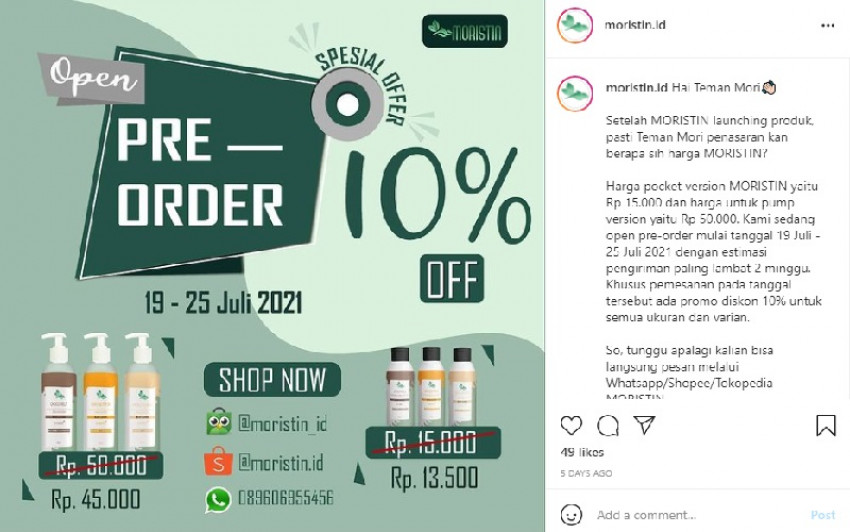Moristin, Lotion AntiCovid Karya Anak Bangsa Sudah Dijual Online