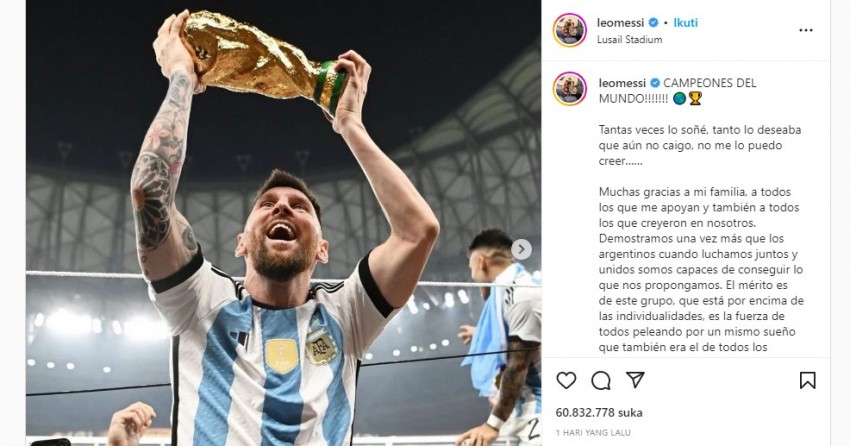 Unggahan Messi Pegang Trofi Piala Dunia di Instagram Pecahkan Rekor Telur Ajaib