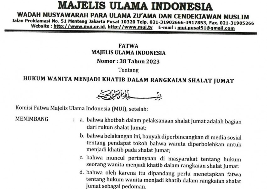 Fatwa Terbaru MUI: Wanita Jadi Khatib Jumat Tidak Sah