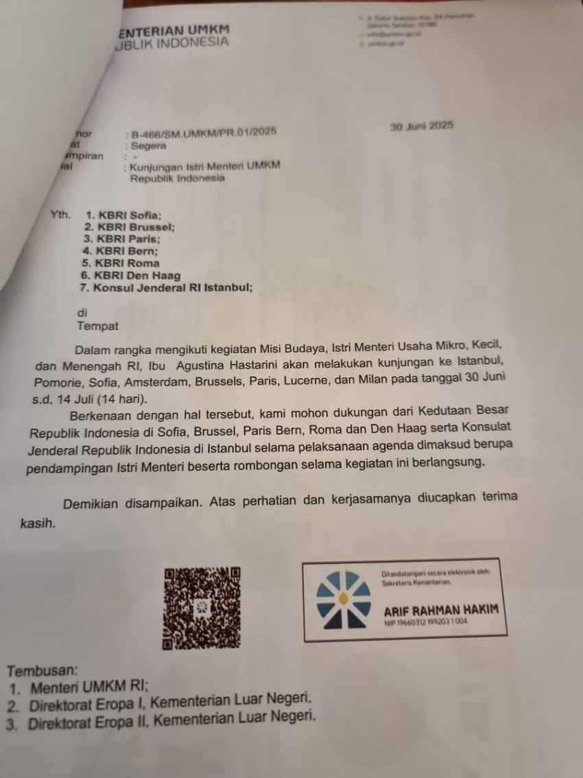 Viral Surat Edaran Istri Menteri UMKM Minta Fasilitas Negara Tur Eropa