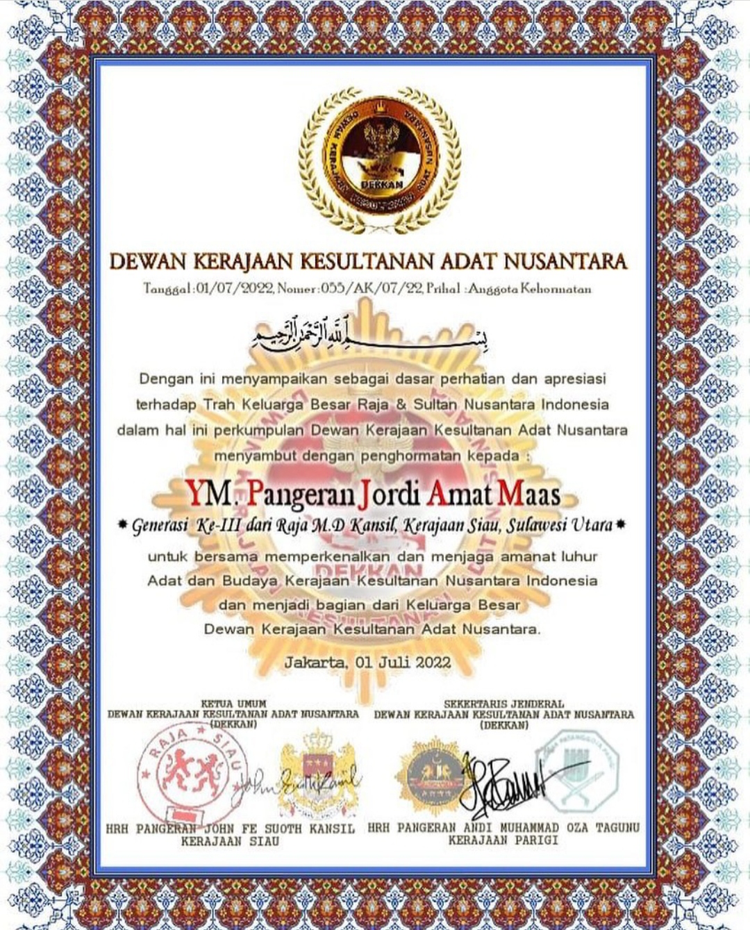 Jordi Amat Dapat Gelar Pangeran dari Kerajaan Siau di Sulawesi Utara