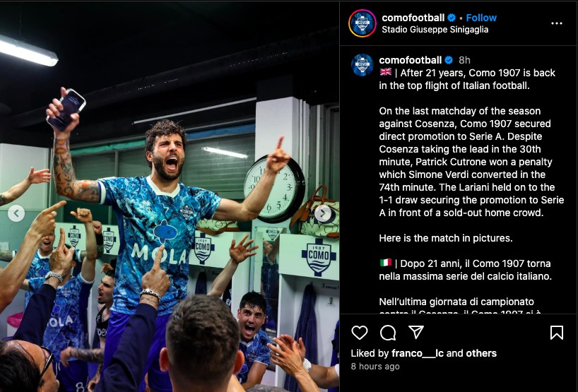 Como 1907, Klub Milik Pengusaha Asal Indonesia Resmi Promosi Ke Serie A Musim Depan