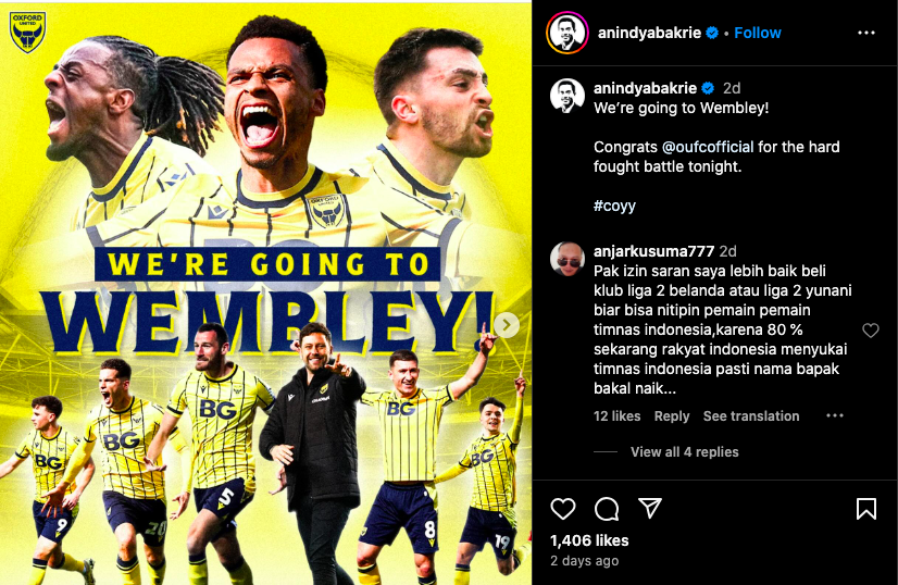 Oxford United, Klub Milik Anindya Bakrie dan Erick Thohir Lolos Ke Final Playoff Promosi Championship Liga Inggris