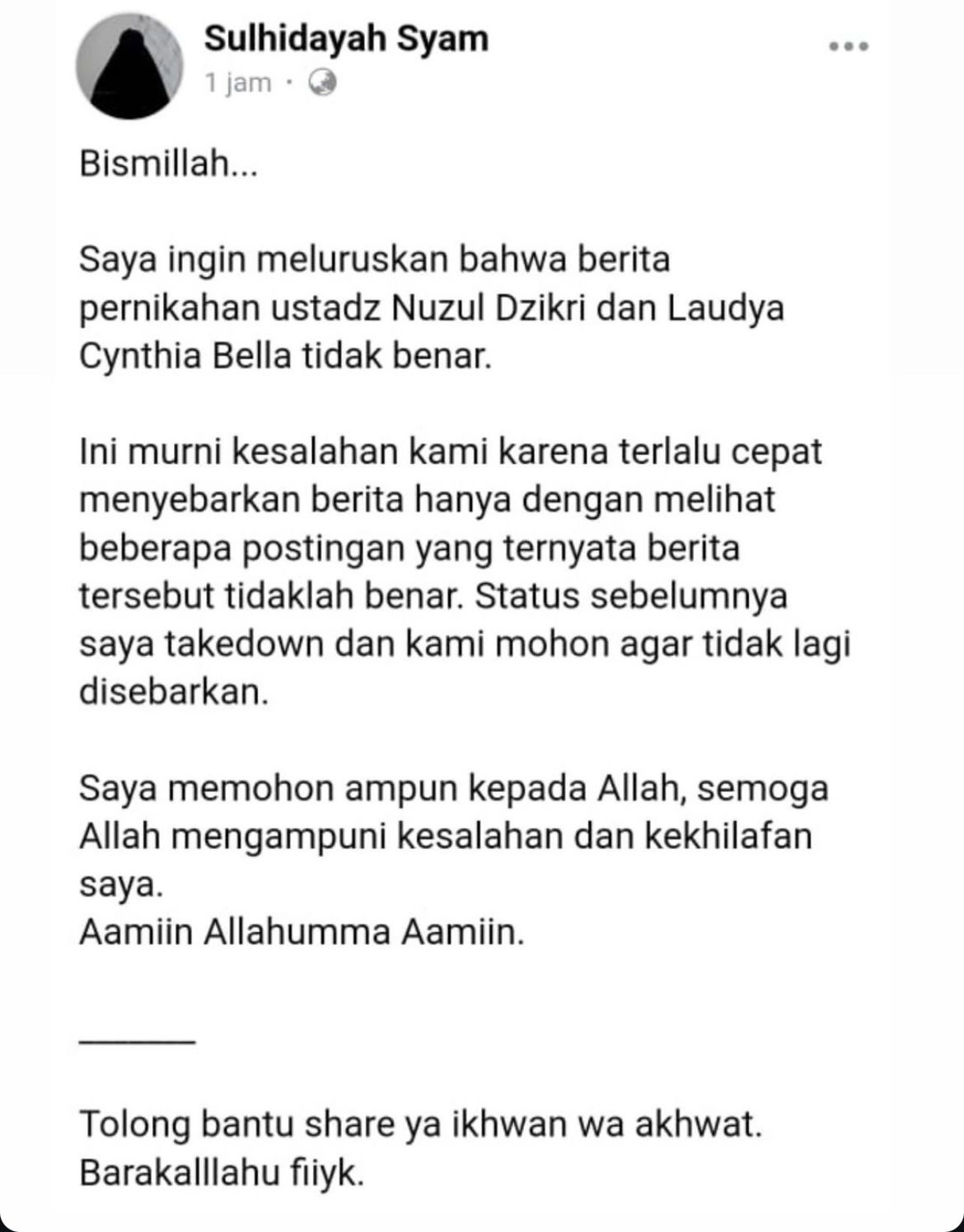 Terlanjur Viral, Kabar Pernikahan Laudya Cynthia Bella dan Ustadz Nuzul Dzikri Hoaks