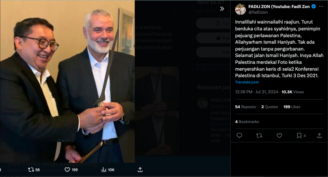 Fadli Zon Ucapkan Duka Cita atas Kabar Meninggalnya Ismail Haniyeh, Pemimpin Hamas