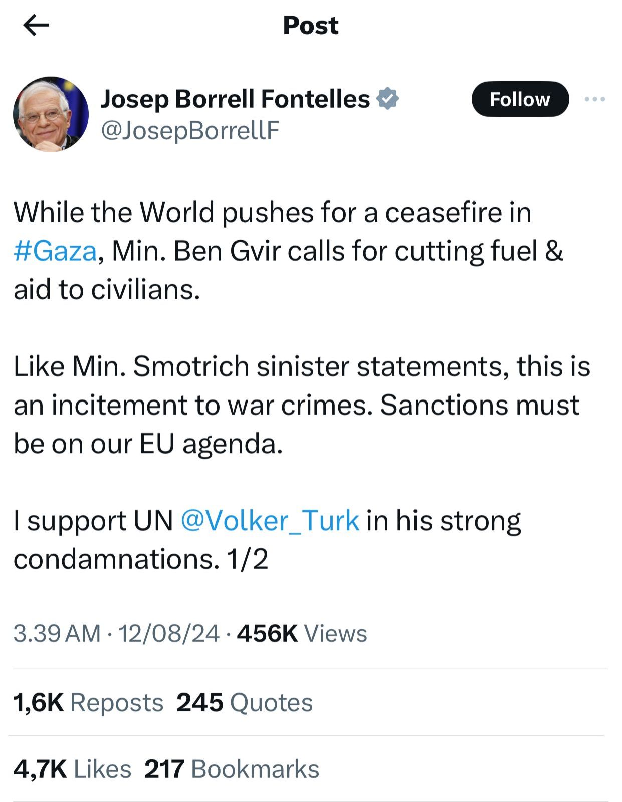 Diplomat Tertinggi UE Kritik Seruan Menteri Sayap Kanan Israel untuk Hentikan Bantuan ke Gaza