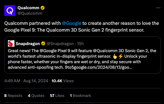 Trio Google Pixel 9 Gunakan Pembaca Sidik Jari Ultrasonik Gen 2 dari Qualcomm
