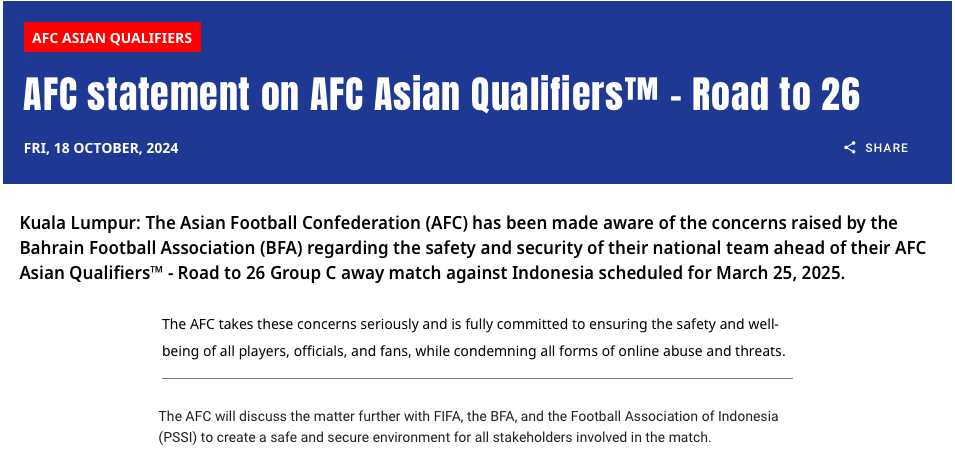GAWAT! Serangan Fans Indonesia Bikin Bahrain Ciut, AFC Langsung Turun Gunung