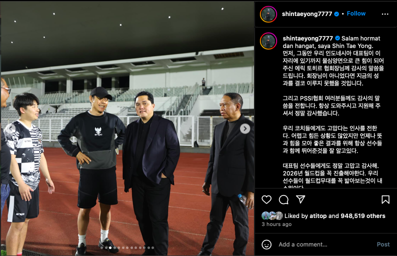 Shin Tae-yong Unggah Perpisahan di Instagram, Begini Balasan Mengejutkan Erick Thohir Soal Pelatih Timnas Indonesia