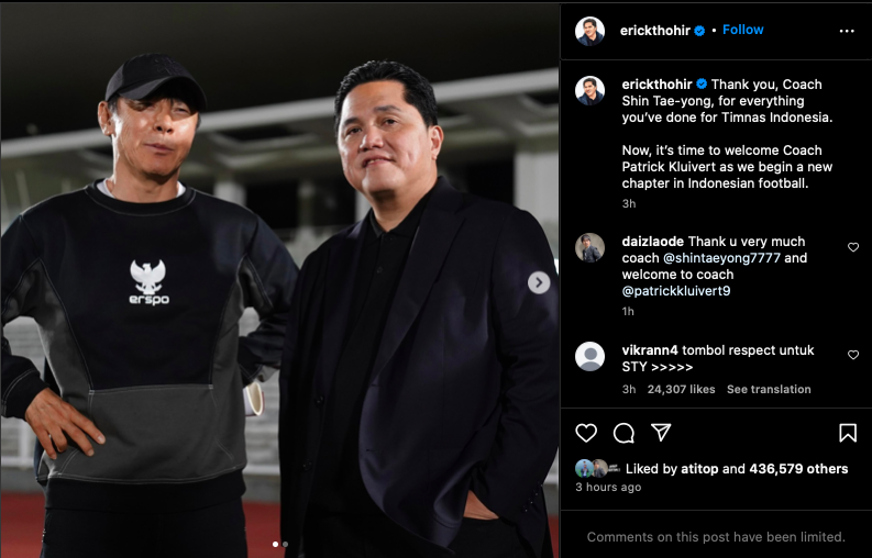 Shin Tae-yong Unggah Perpisahan di Instagram, Begini Balasan Mengejutkan Erick Thohir Soal Pelatih Timnas Indonesia