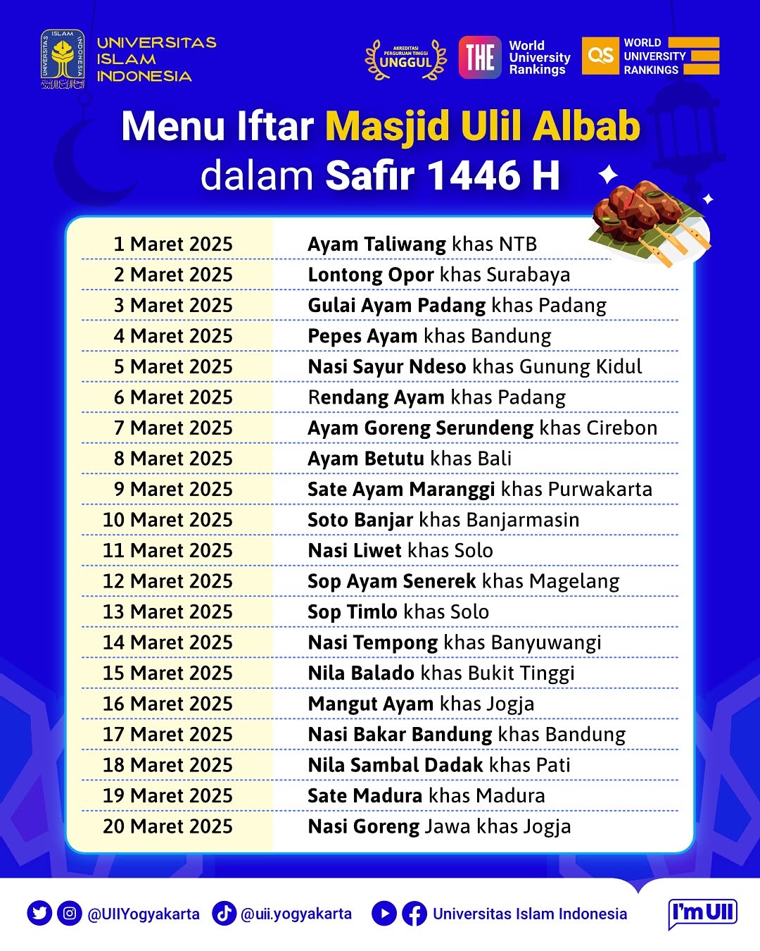 Daftar Menu Buka Puasa Gratis di Masjid Ulil Albab UII, Ayam Taliwang sampai Sate Madura