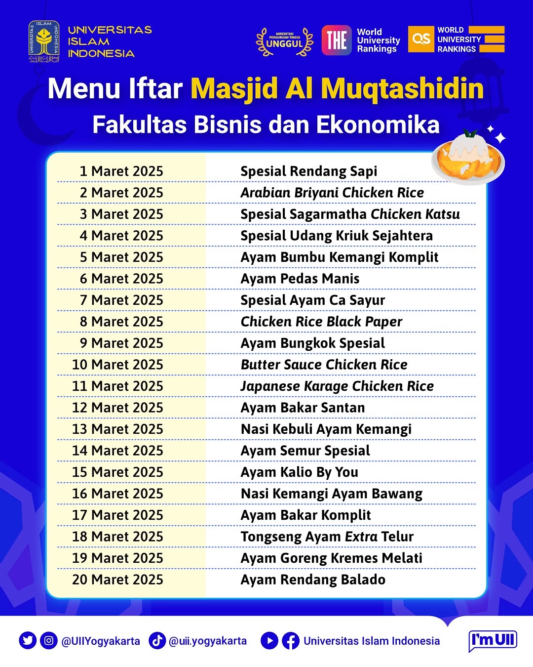 Daftar Menu Buka Puasa Gratis di Masjid Ulil Albab UII, Ayam Taliwang sampai Sate Madura
