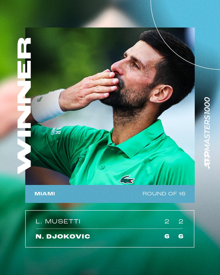 Djokovic Tumbangkan Musetti di Miami Open, Serena Williams dan Del Potro di Tribun Turut Menjadi Supporter