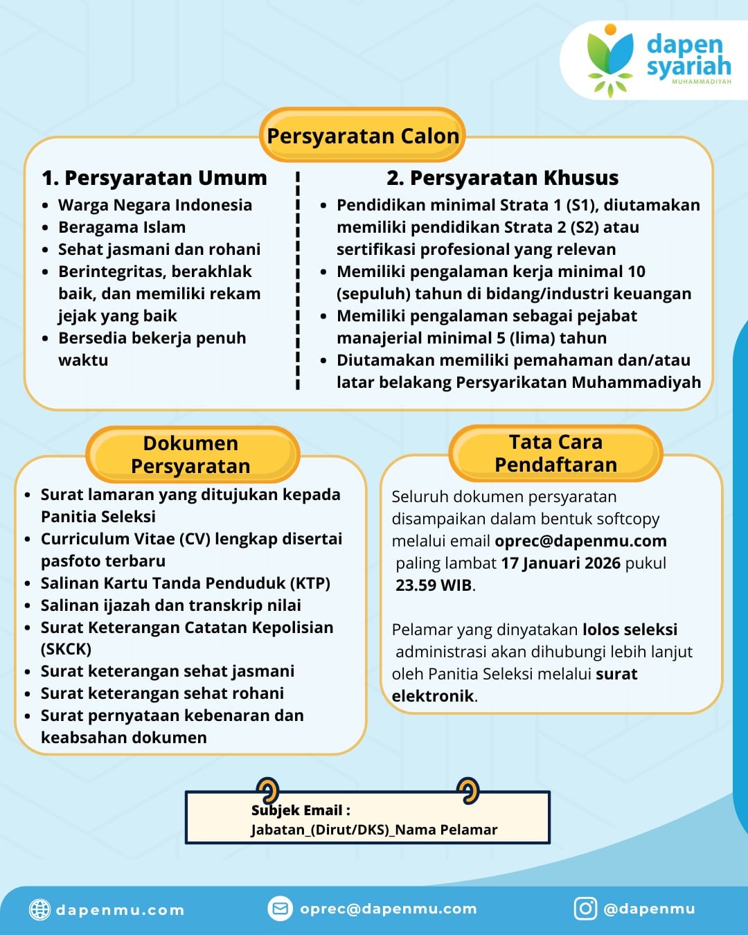 Rekrutmen Terbuka untuk Dirut dan Direktur Keuangan Dana Pensiun Syariah Muhammadiyah