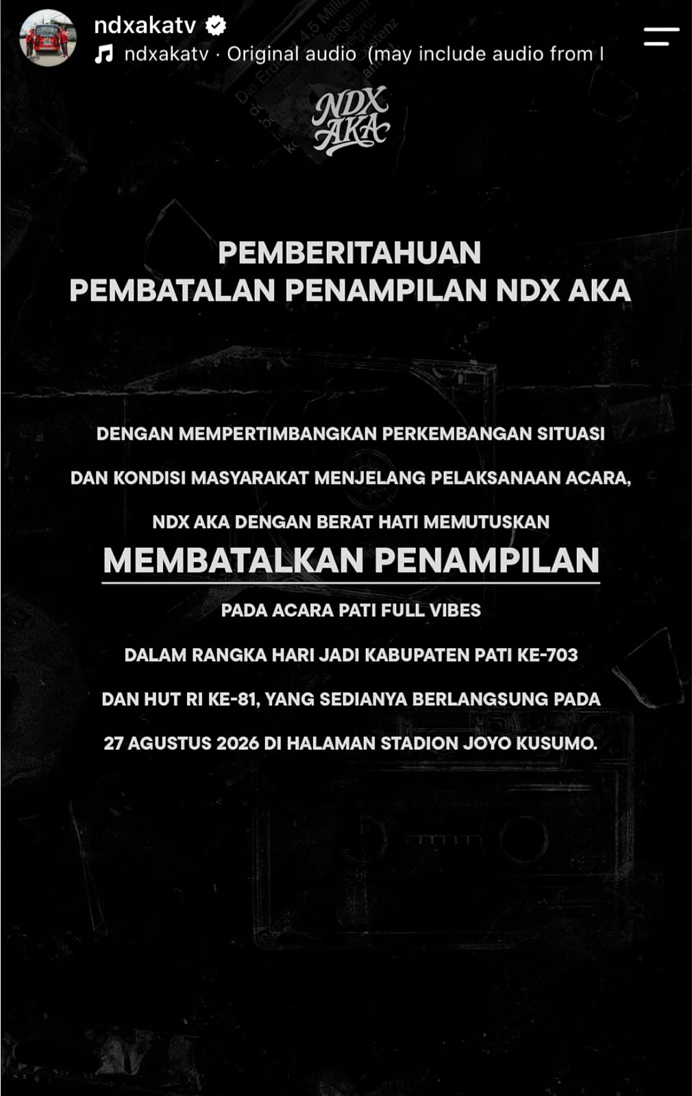 Usai Dihujat, NDX AKA Resmi Batalkan Konser Gratis di Pati Bertepatan Hari Demo