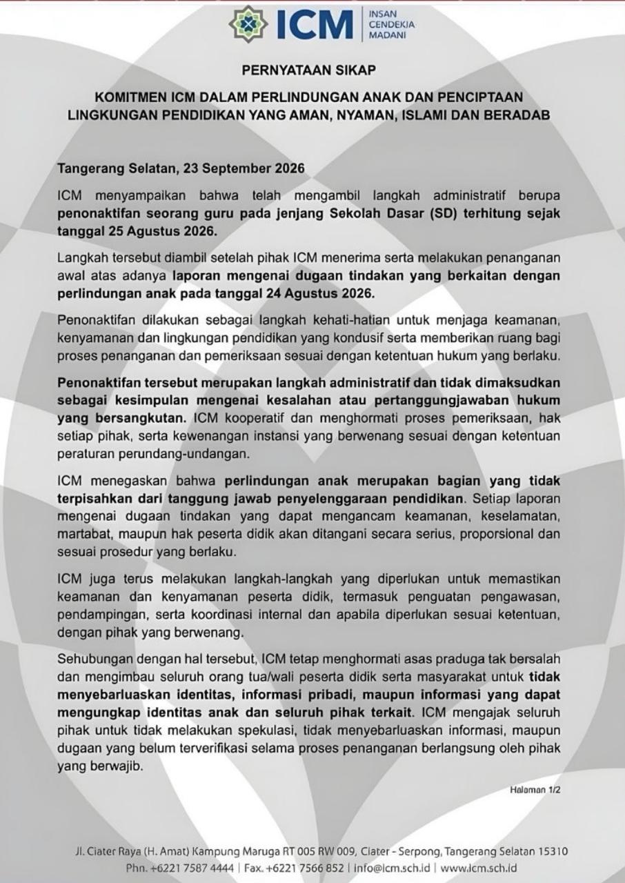 Sekolah Insan Cendekia Madani Nonaktifkan Guru Terduga Pelaku Pelecehan Murid SD
